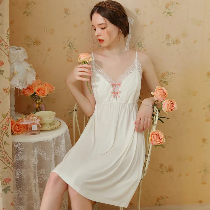 FZSLCYIYI Vintage V Neck Night Dress Summer Women Cotton Sleeveless Nightdress Fairy Nightgown Princess Sleepwear Nightwear