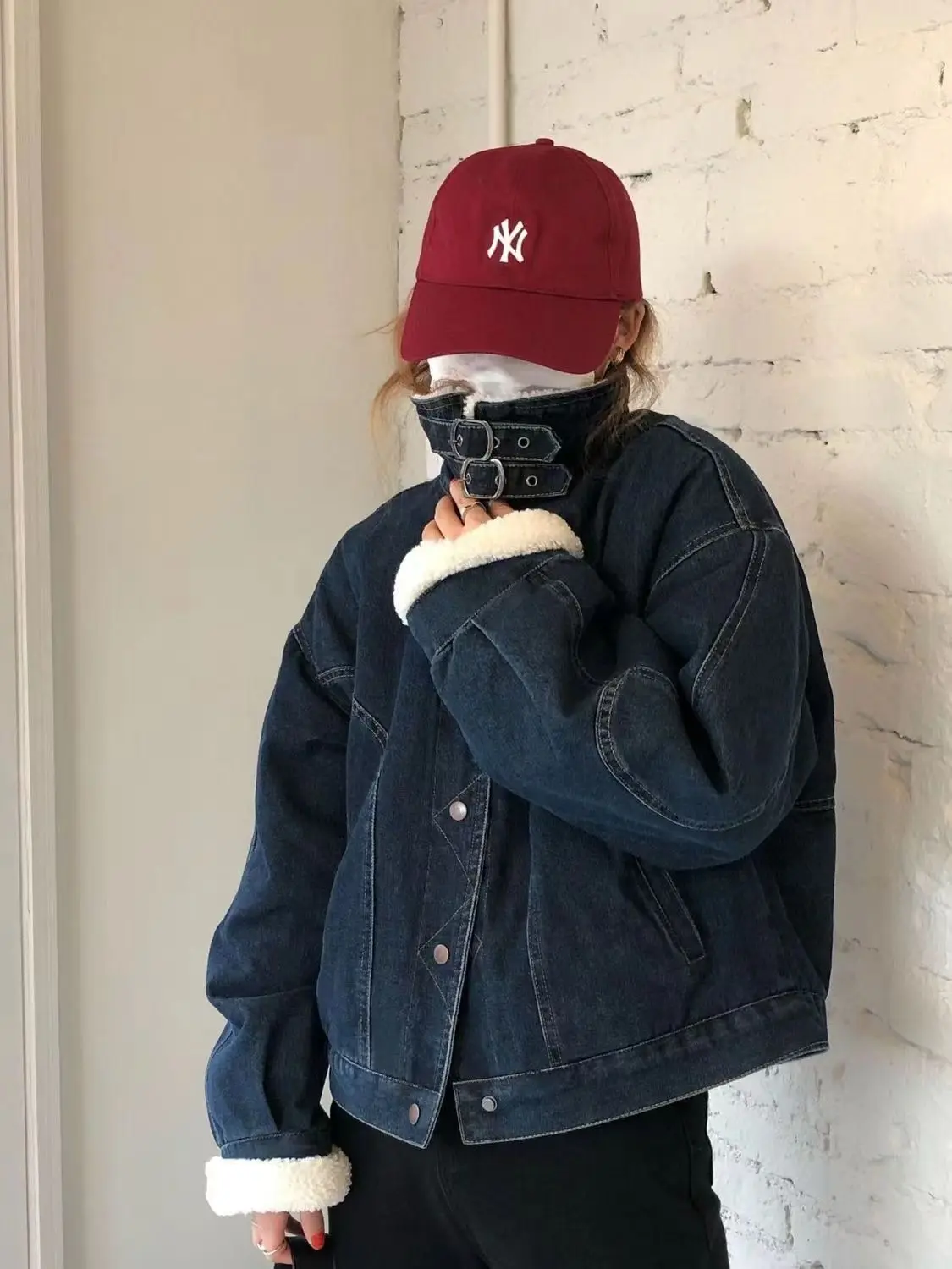 Cappotto di jeans con pelliccia e cappuccio peluche da donna autunno pieghe bottone a pressione controllato originale Harajuku tendenza scuola patchwork regolabile