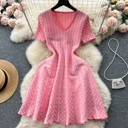 2026 Korean Style Sundress Women V Neck Short Sleeves Ruched Fashion Streetwear Sweet Summer Mini Solid A Line Dress