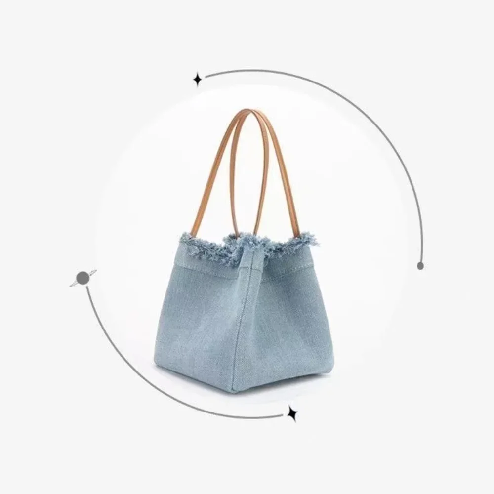 New Trendy Fashion Denim Tassel Blue Color Bucket Bag Women Handheld Handbag Summer Shoulder Underarm Bag Lady Purse Tote Bag