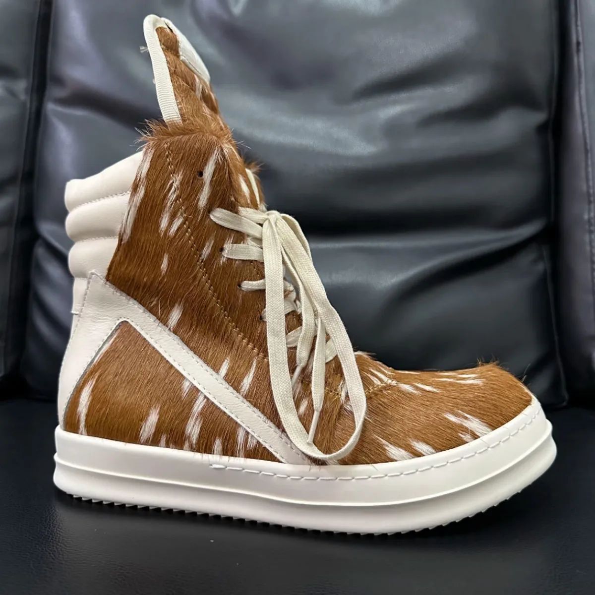 

Fashion Men Casual Shoes Ro Brown Horsehair High Top Shoe Round Toe Ankle Boot Black Horse Hair Lace Up Zipper Short Boots