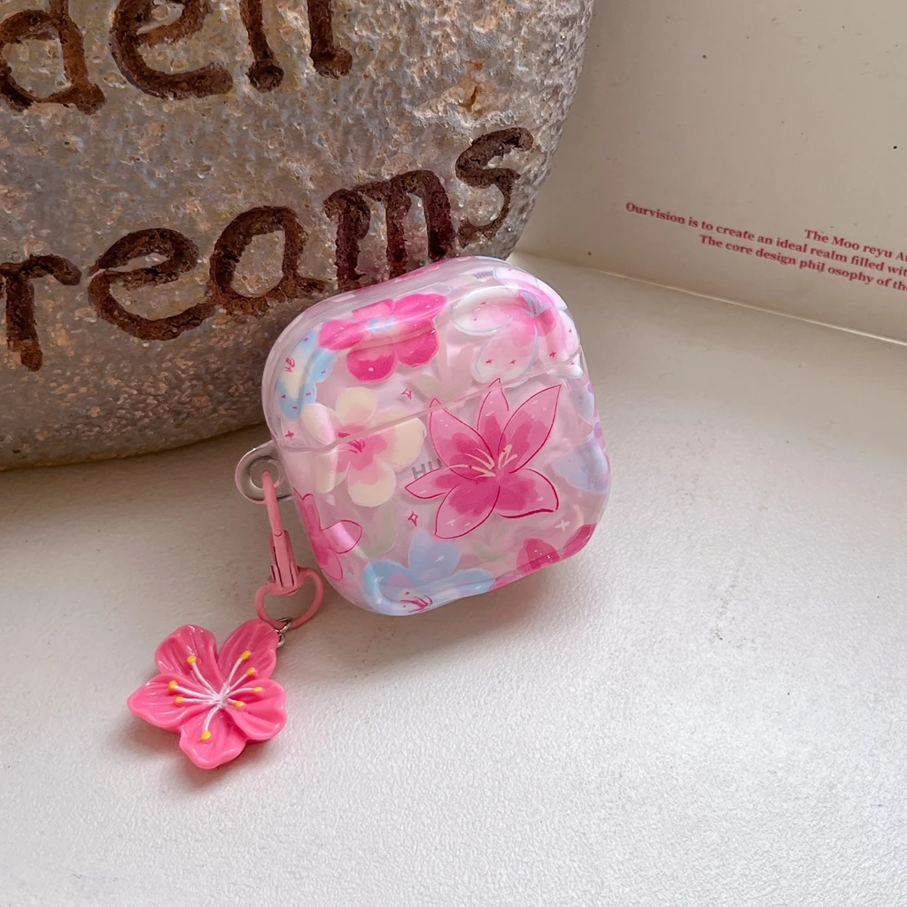Spring Day Beautiful Pink Lily Flowers Wavy Edge With Pendant Earphone Cover Case for Huawei FreeBuds 6i 5i SE 3 2 FreeClip 2