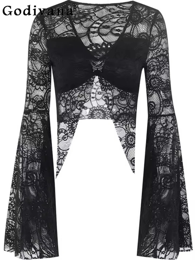 

2025 Summer New Street Style Black Flared Sleeves Hollow Irregular Top Female Cool Gothic Sexy Fashion Lace Versatile Punk Tops