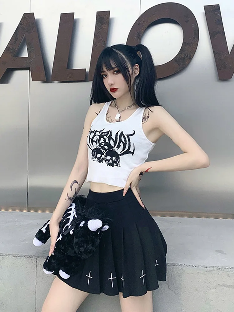 Harajuku Punk Goth Sexy Crop Tops Women\'s Summer Mujer 90s Grunge Graphic Skull Print Tops Fashion Sleeveless Slim Vest Tank Top