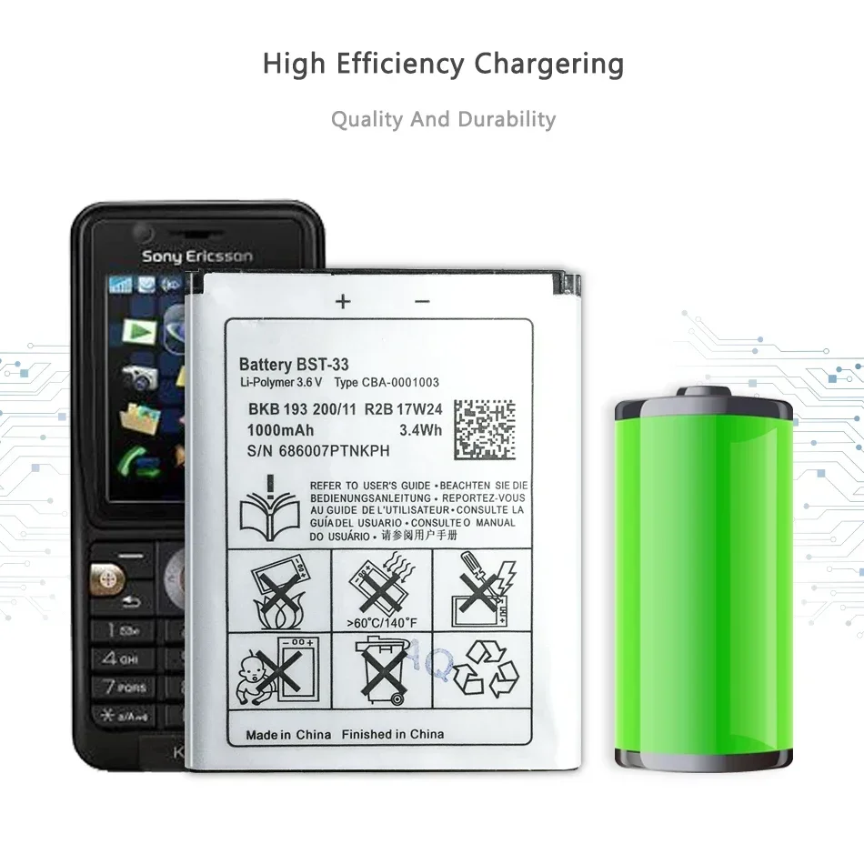 BST-33 BST 33  Replacement Portable Battery For Sony Ericsson K800 I SATIO U1 W880I K810I W100I T700 T715  Batteries