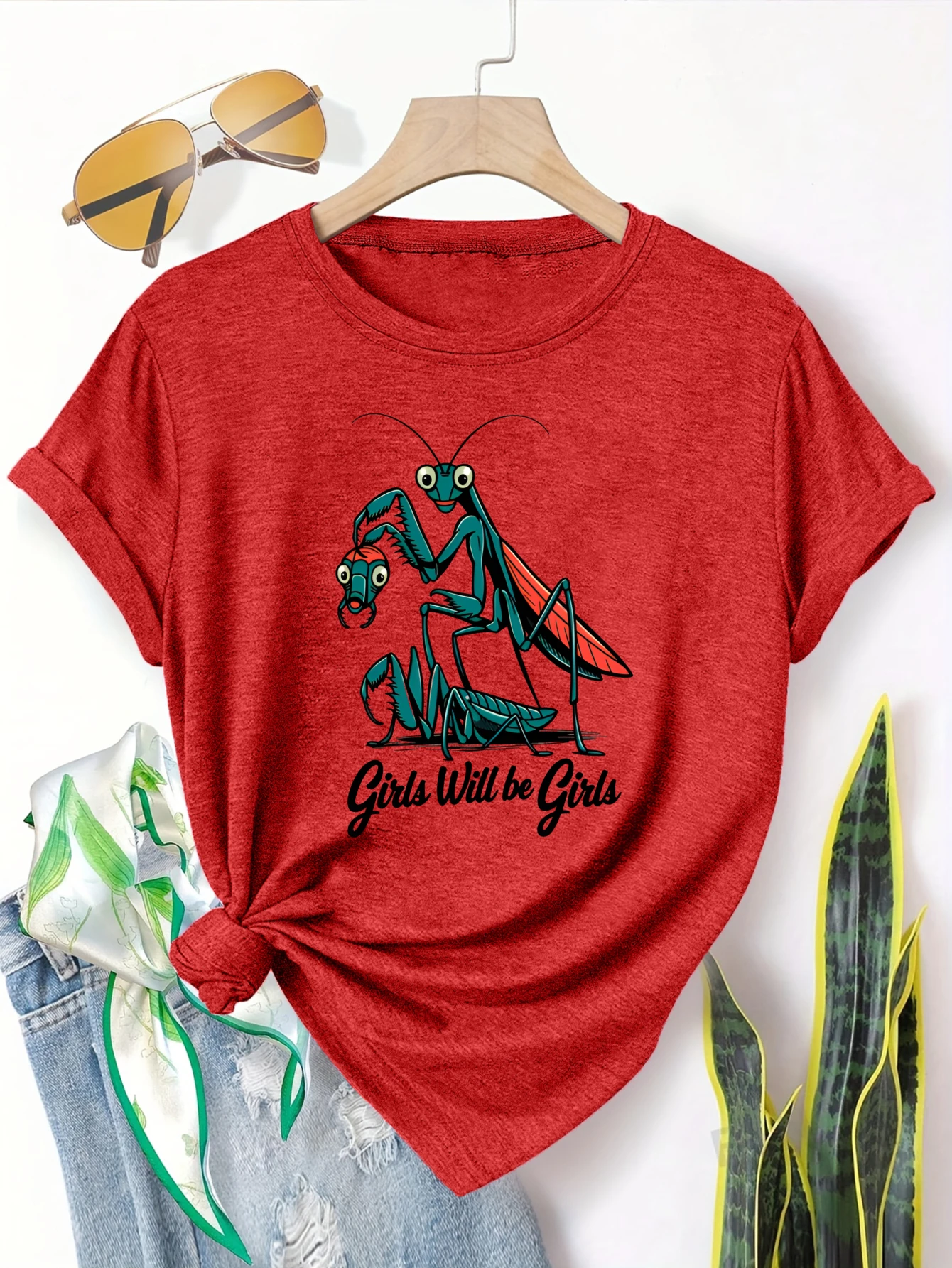 

Plus Size Women's Short Sleeve T-Shirt Mantis Eating Bug Girl Slogan Spring and Summer Essentials summer outfits women's
