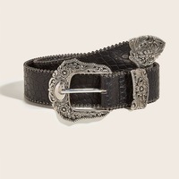 1 piece of black trendy PU belt, western denim women's denim unisex belt, with metal carved buckle