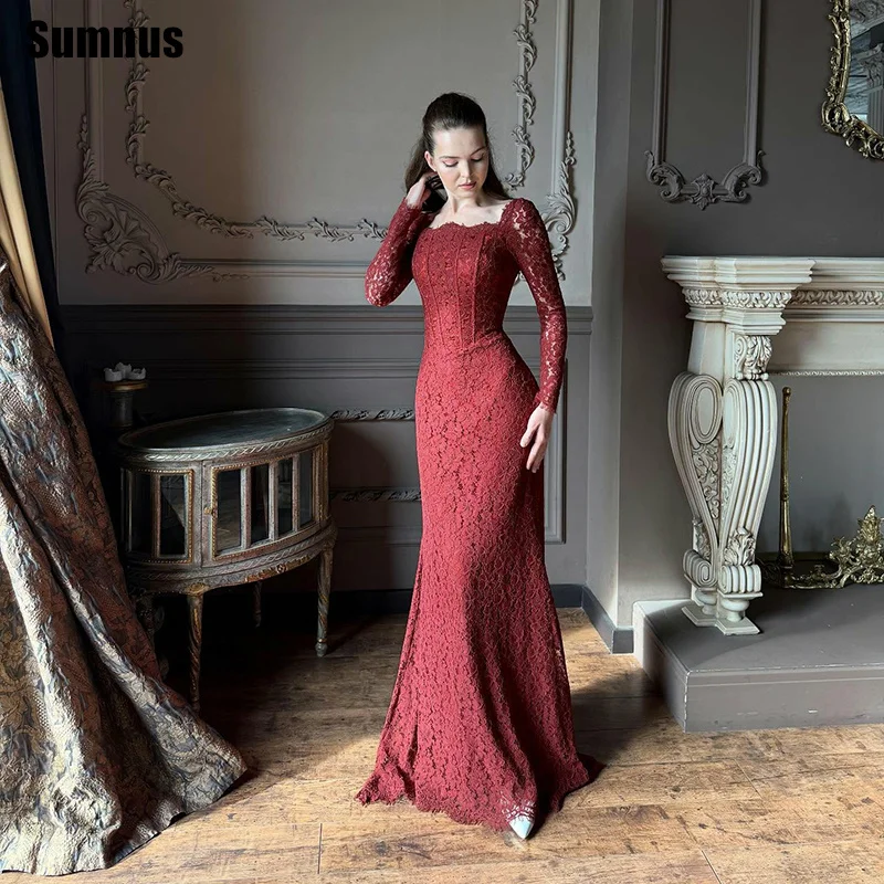 

Sumnus Elegant Mermaid Prom Dress Burgundy Lace Square Collar Floor Length Formal Dresses Long Sleeves Evening Dress Customized