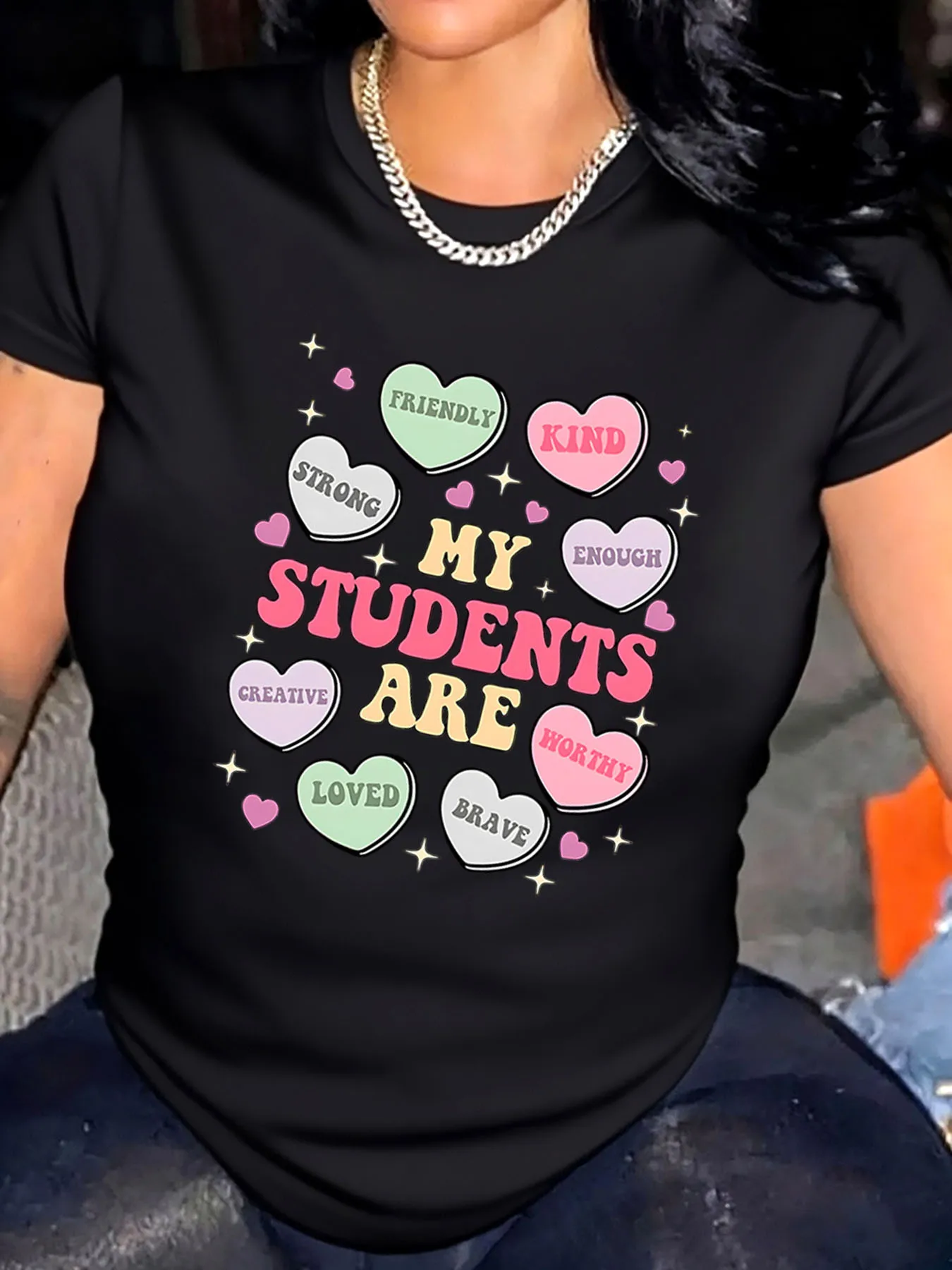 T-shirt grande taille pour femmes, cœur de saint-valentin, mes étudiants sont amical, assez fort, créatif, aimé, courageux, vêtements d'extérieur
