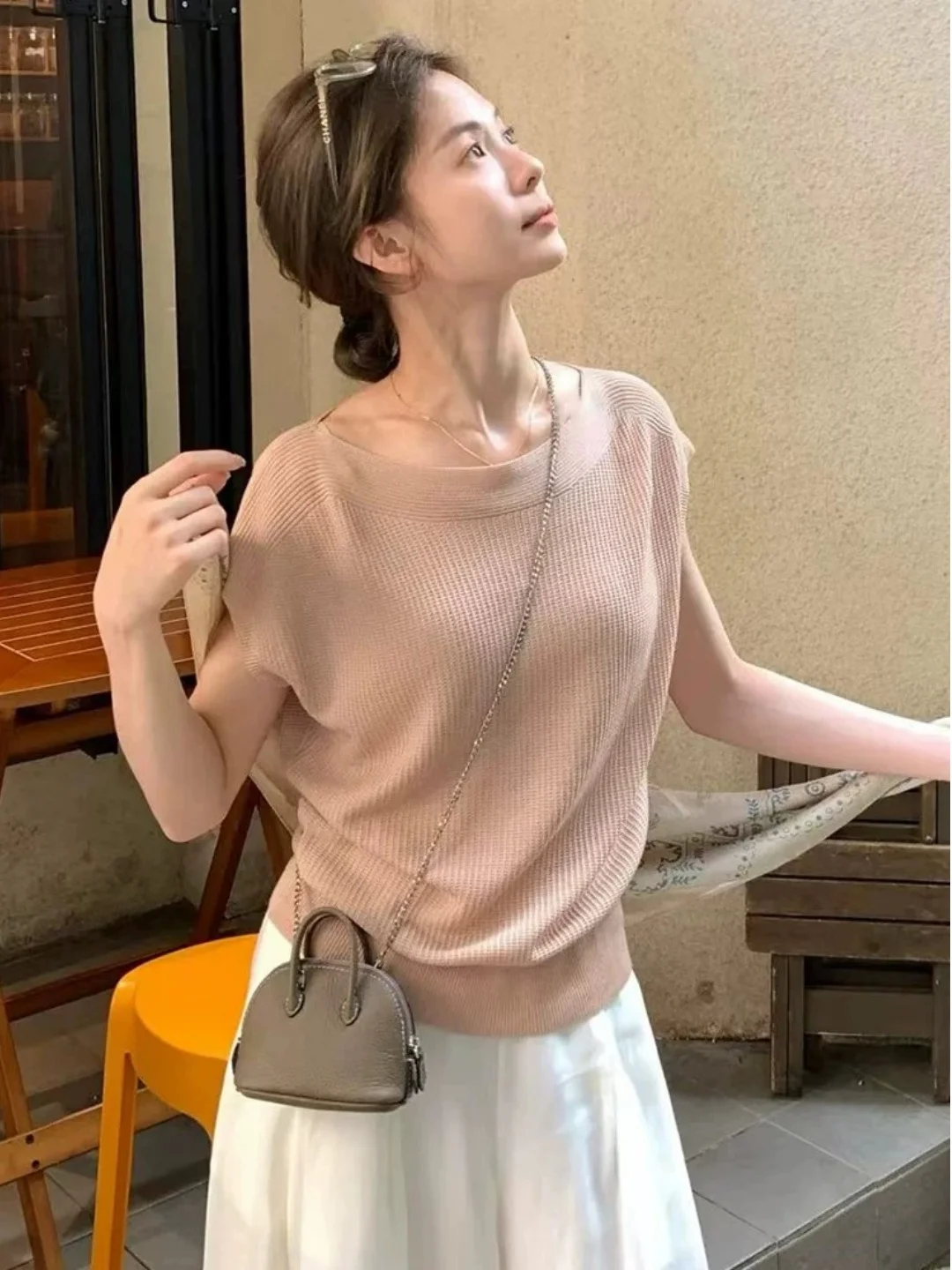 

Fashionable Soft Pink Knitted Short Sleeve T-Shirt Women's Summer Slimming Small Flying Sleeve Top Korean Style Straight Cut