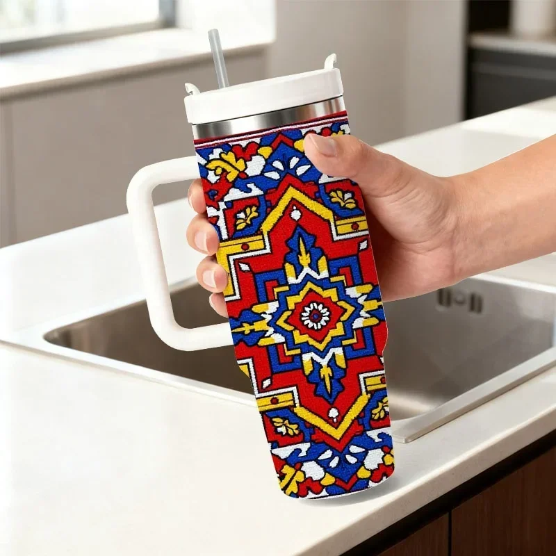 Stainless Steel Insulated Tumbler, 40oz, Intricate Traditional Persian Rug Inspired Symmetrical Geometric Floral Digital Print, Reusable Thermal Cup for Keeping Drinks Hot or Cold, Perfect for Office, Travel & Daily Beverage Use