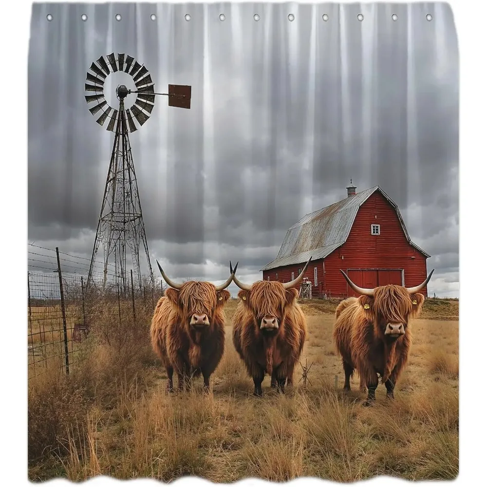 

Farmhouse Highland Cow Shower Curtain, Rustic Animals Cattle Bull Western Red Barn Door Windmill Cabin Country Bathroom Decor