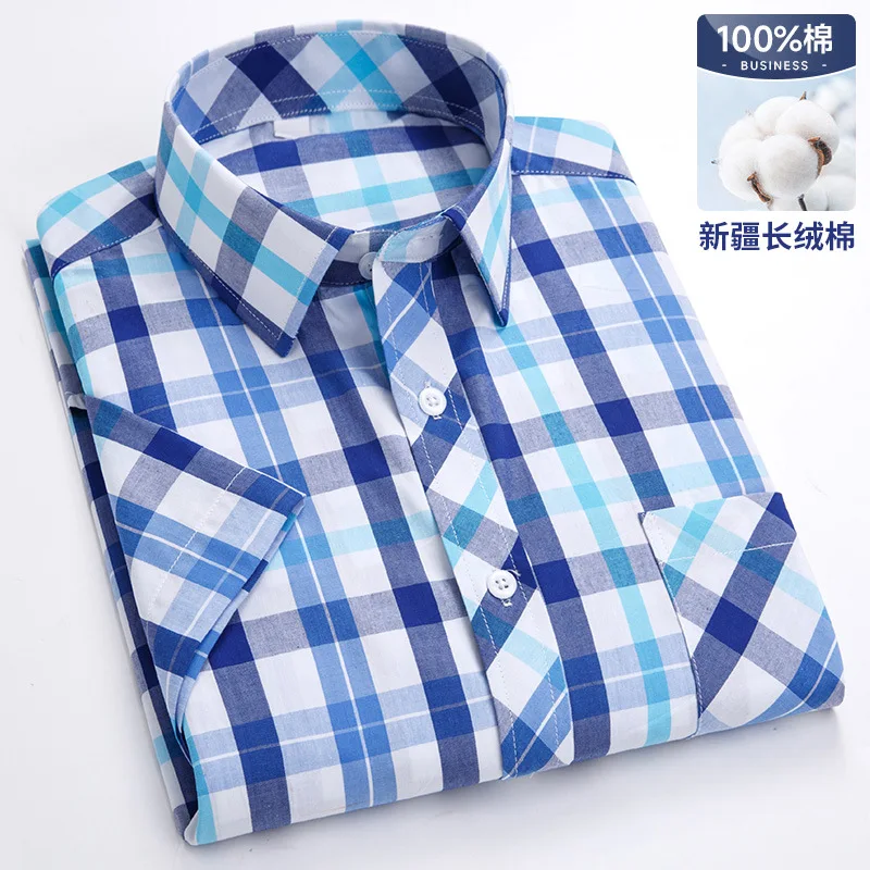 100% cotton 7XL 8XL Men\'s short-sleeved shirt Thin plaid summer high quality with pocket plus size casual wear and breathe