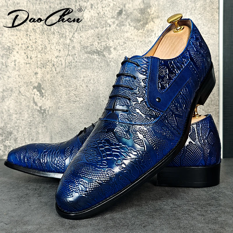 Luxury Brand Men Oxford Shoes Lace-up Pointed Toe Blue Casual Dress Man Shoe Flowers Print Genuine Leather Shoes For Men