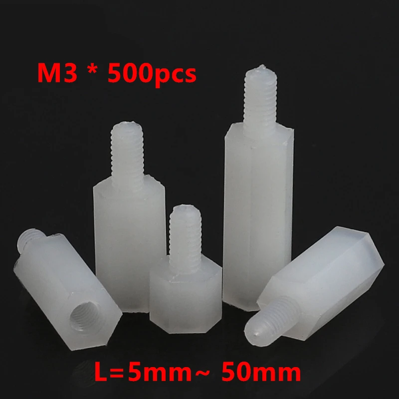500pcs M3*5/6/8/10/12/15/20/22/25/30+6 Hex Nylon Standoff Spacer Male Female Plastic Nylon Standoff Screws for PCB Pillars