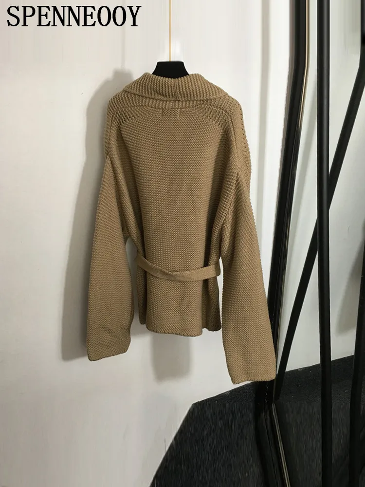 SPENNEOOY Fashion Runway Autumn Golden-brown Color Loose Casual Cardigan Women\'s Turn-down Collar Long Sleeve Belt Sweaters