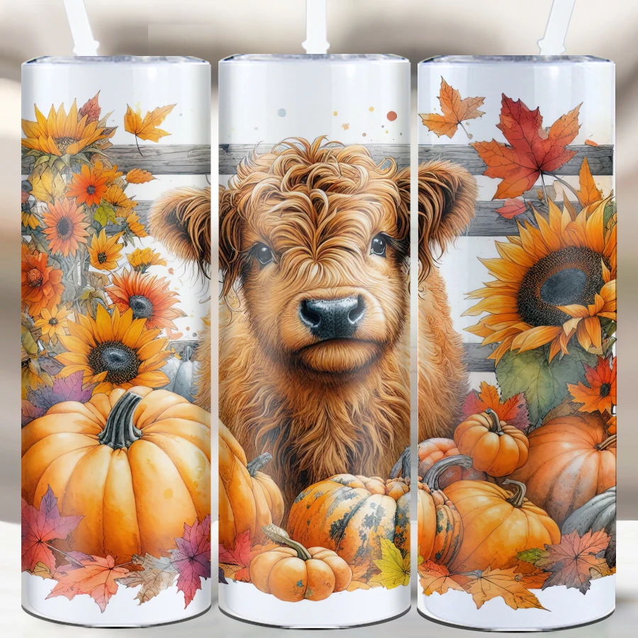 Party Water Bottle Straw Lid 1Pc 20oz Stainless Steel Insulated Mugs Straight Cup 3D Print Highland Cow Mugs Party Home Decors