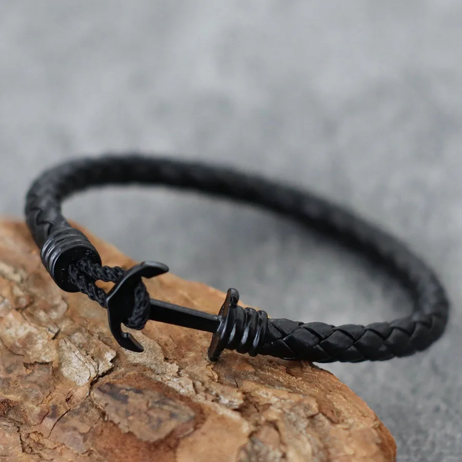 Neue Mode Männer Leder Armband Kreative Schwarz Anker Armband Nautischen Surfen Hand Zubehör In 3 Größen Punk Armreif Hombre – Detail 9