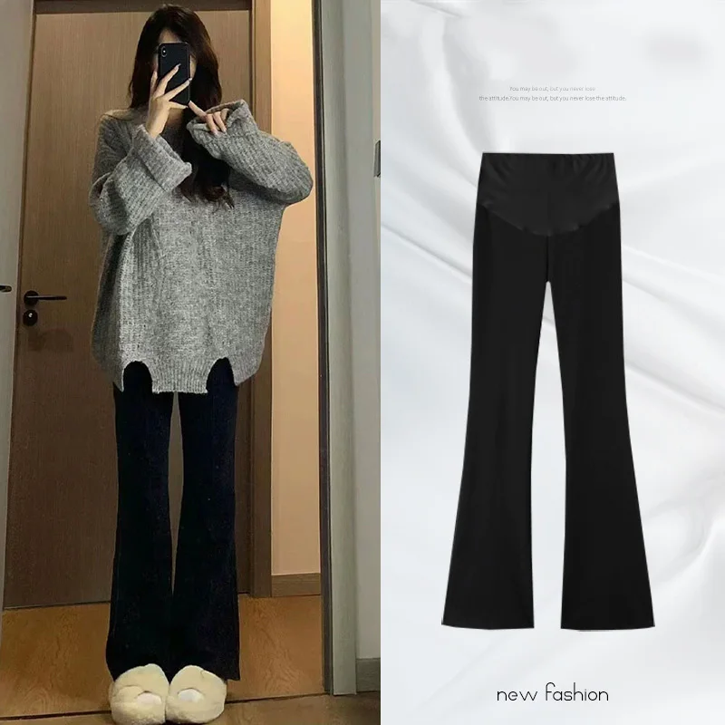 Black Women's Maternity Flared Pants Fashion Solid High Waist Belly Support Fitness Trousers For Pregnant Women All Match