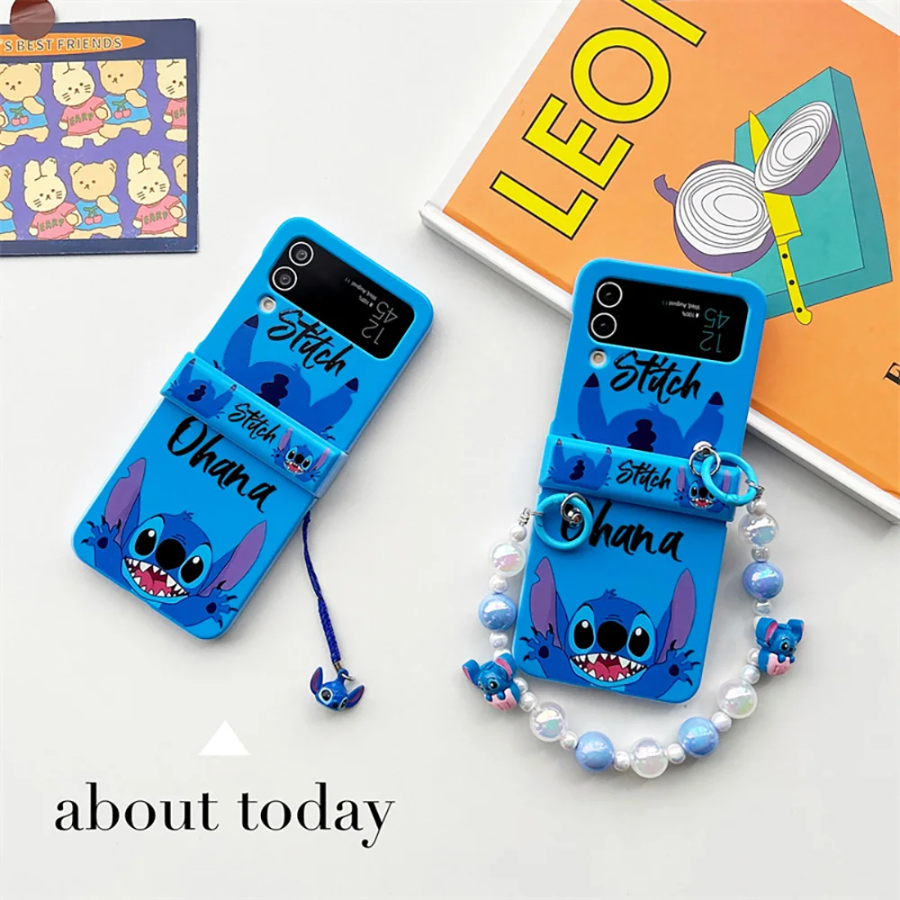 Disneies Cartoon Stitch with Lanyard Phone Case for Samsung Galaxy Z Flip 3 4 Z Flip 5 6 5G PC Hard Anti-drop Back Cover Funda