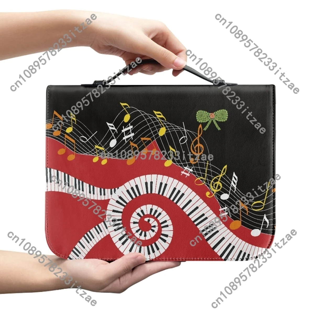 Leather Bible Bag Custom Bible Cover Case for Women Art Piano Keyboard Music Note Pattern Print Zippered Handle Carrying Handbag