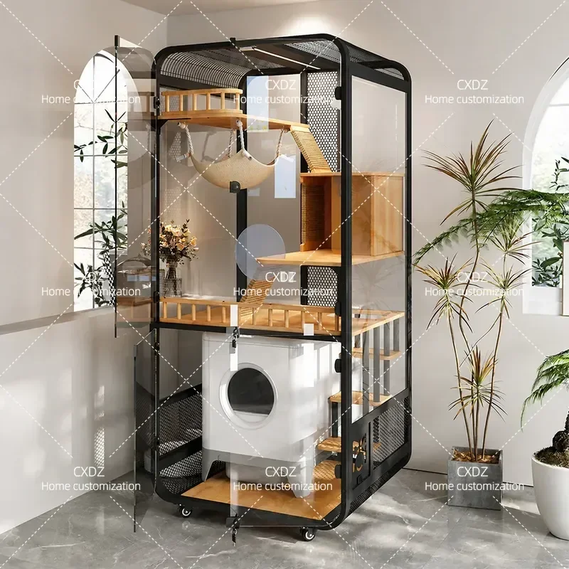 Luxury Solid Wood Cat Villa with Panoramic Glass Large Space Three Story Cage House with Smart Toilet for Home