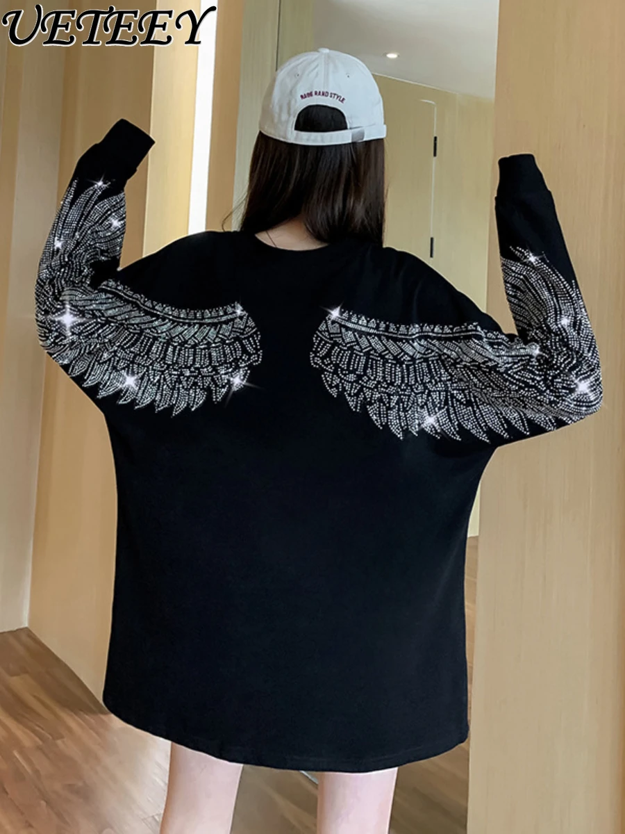 

2023 Autumn Winter Round Neck Back Heavy Hot Drilling Big Wings Sweatshirt Pullover Women Black Mid-Length Loose Oversize Hooies