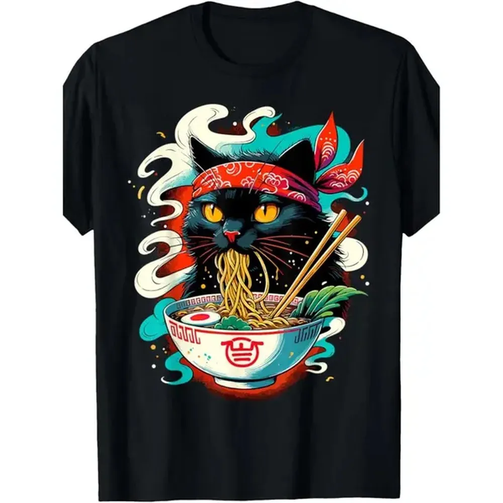 100% Cotton Men'S Festive Delight Cute Cat Ramen Graphic T-Shirt - 100% Cotton 180G Crew Neck Short Sleeve, Regular Fit All-Season Casual Wear, Whimsical Design For Day, Christmas, Father'S Day Gifts, Gift Idea Shirt Golf Gift T-Shirt For Men And Women