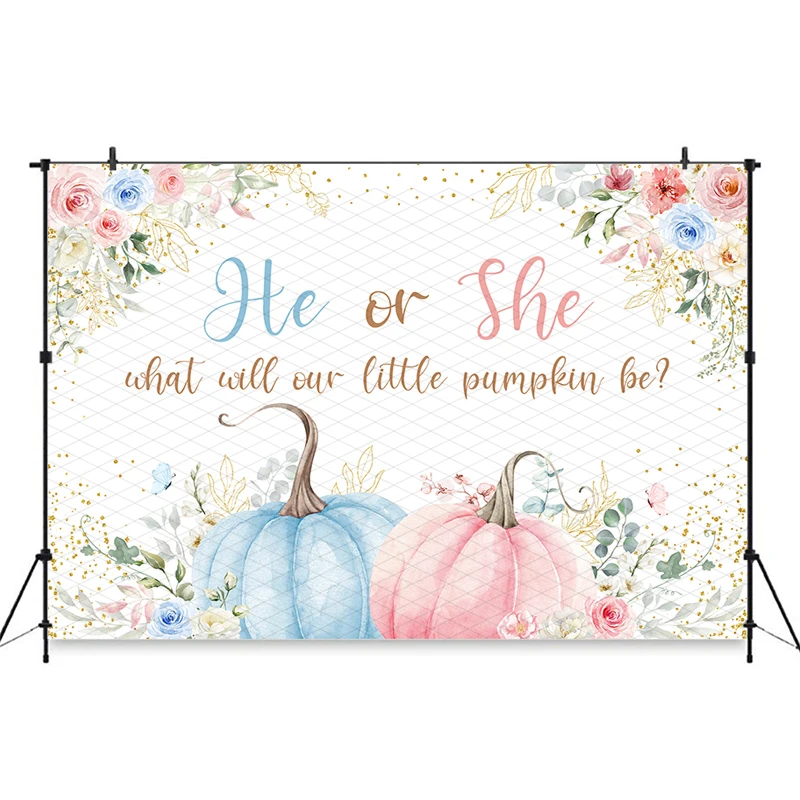 Mocsicka He Or She Gender Reveal Backdrop What Will Our Little Pumpkin Blue Pink Party Photography Background Photo Booth Props