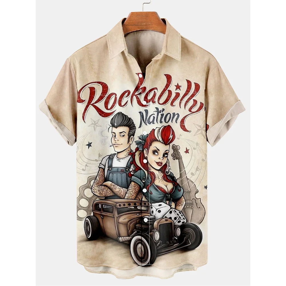 Camisa de manga curta havaiana masculina, Route 66 Street, camiseta clássica impressa em 3D, lapela de música rock, top masculino, roupas vintage, plus size, nova