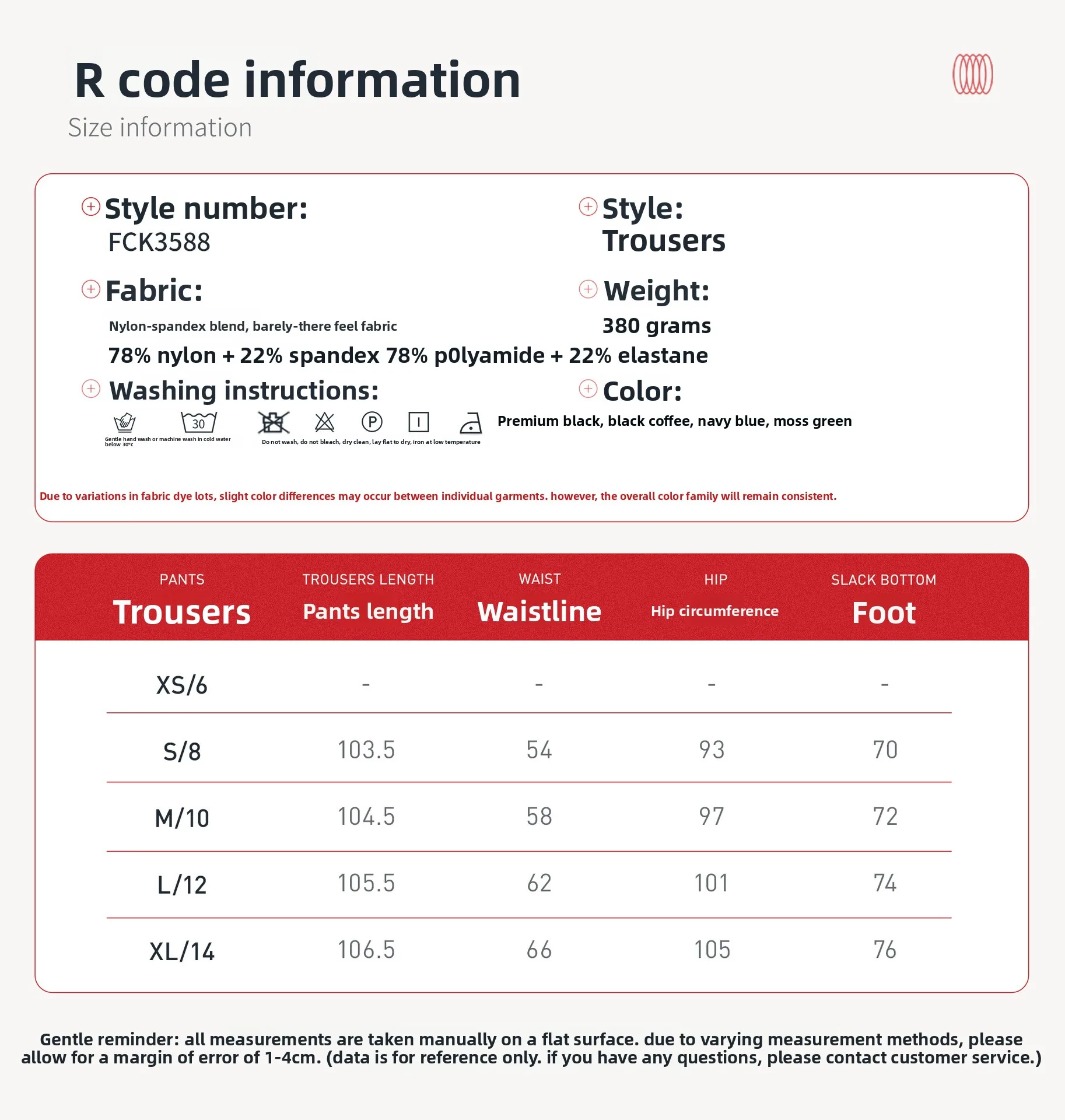 Size chart and fit details