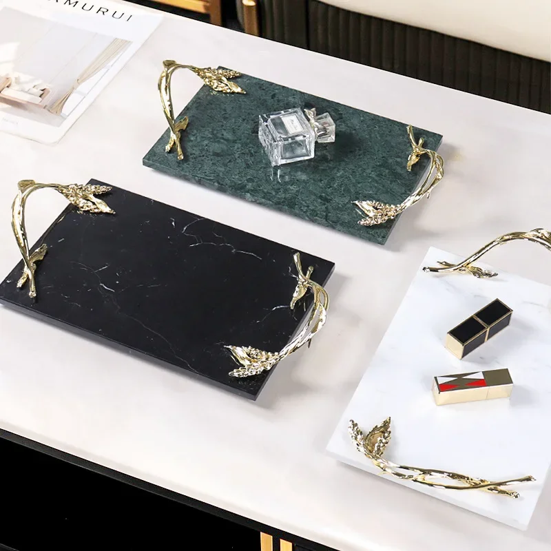 

Modern Natural Marble Exquisite Wheat Ear Handle Tray Decoration Hotel Villa Desktop Storage Cosmetics Bathroom Display Panel