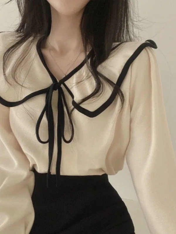 Sweet Style Loose Long Sleeve Women's Shirt  Knot Design Fashionable Beautiful Top for Autumn Versatile Stylish Shirt