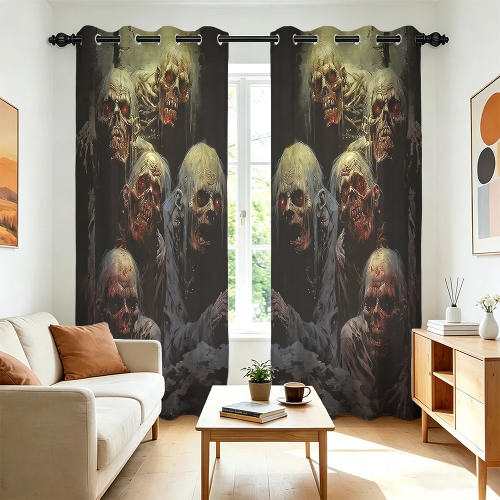 2Pcs Perforated Blackout Curtain Light Block Privacy Drape Living Bedroom Halloween Stacked Zombie Head Horror Window Decor