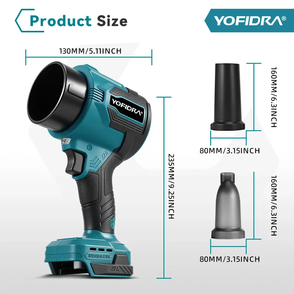 YOFIDRA 2IN1 350M/S Bürstenloser Elektrischer Turbo-Luftgebläse-Akku-Jetventilator für Blatt- und Schneesaugung sowie Blasen, Elektrowerkzeug für Makita 21V Akku – Detail 3