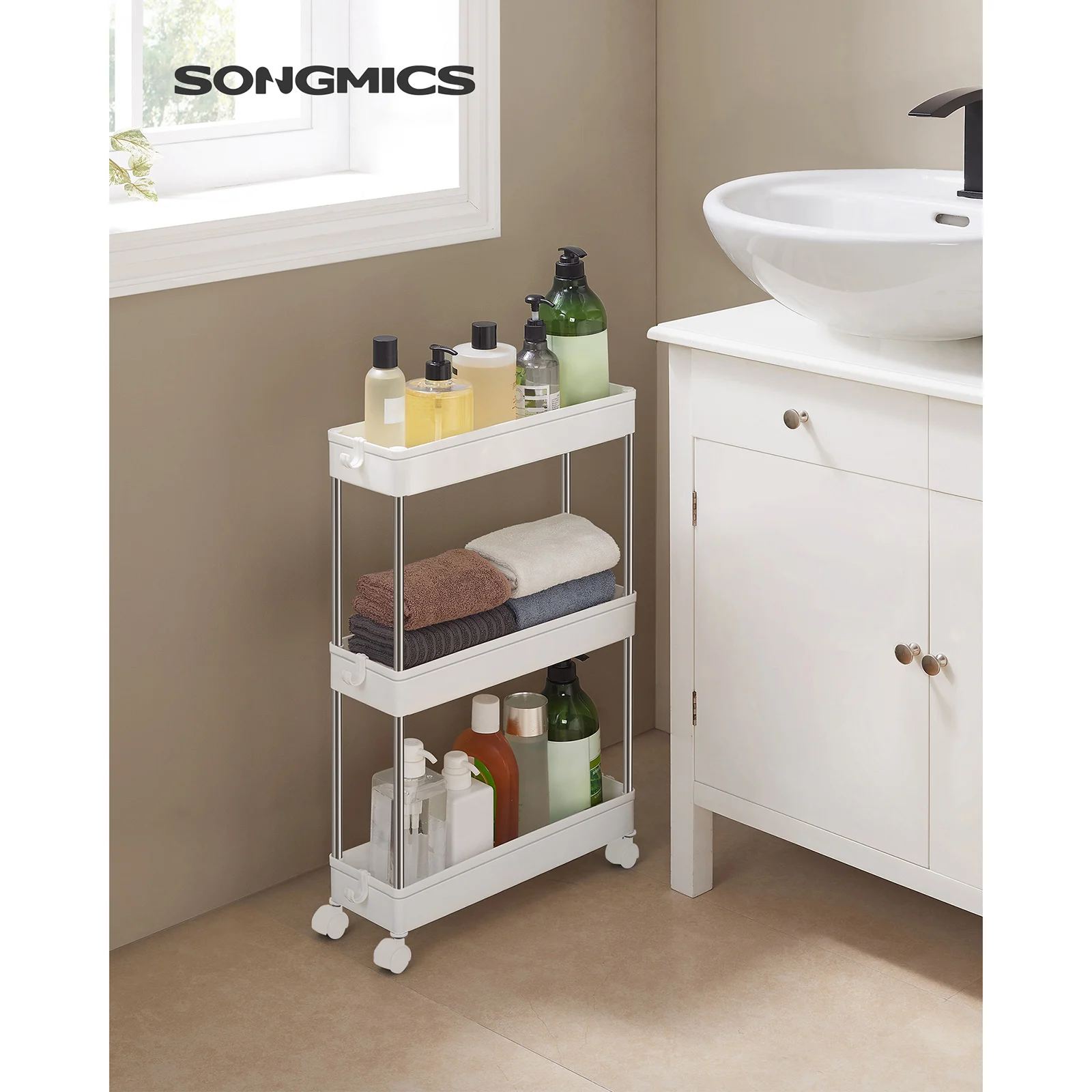 SONGMICS Storage Trolley, Rolling Shelf, 3 Levels, Space-Saving, for Bathroom, Kitchen, Office, 40 x 13.5 x 60 cm