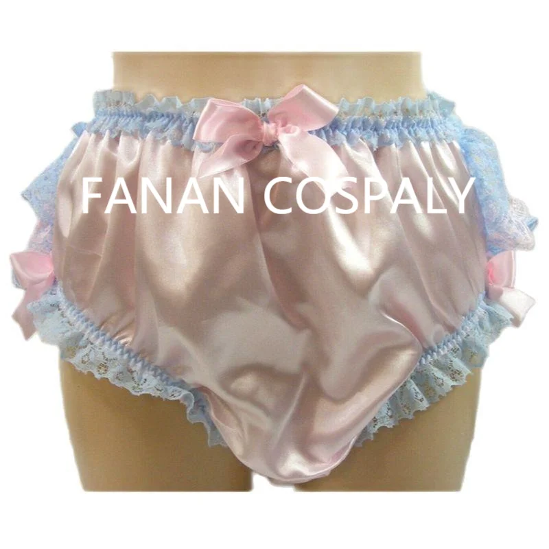 Adult Giant Baby Sexy Girl Pink Thin Satin Bow Blue Lace Edge Sissy Short Skirt Pants Maid Role Playing Gothic Customization