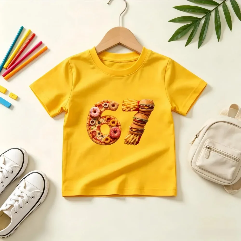 Kids Short Sleeve T Shirt Pizza Donut Number 6 Burger Fries Shaped Number 67 Graphic Print O-Neck Tee Food Theme Casual Top