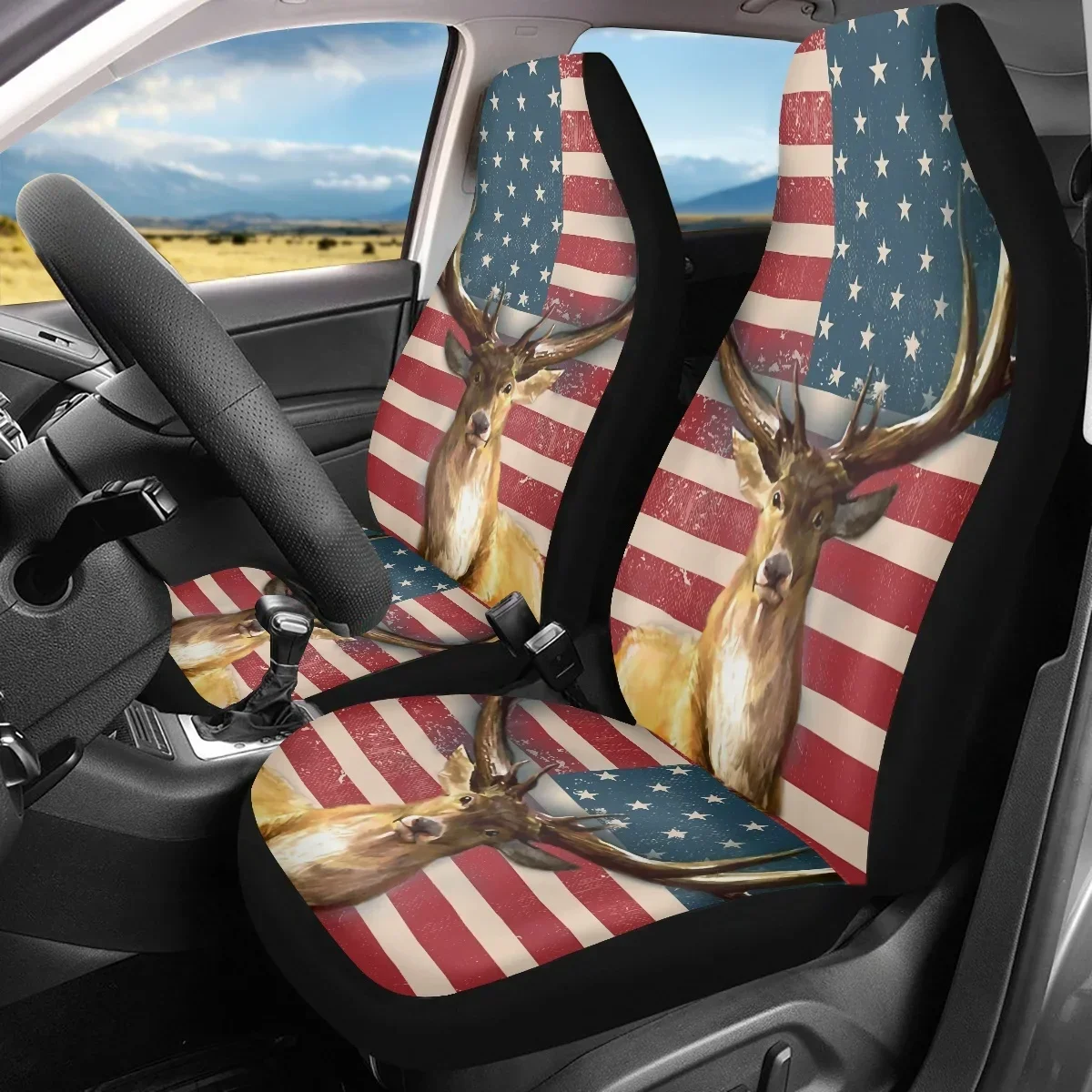 Elk Design Car Seat Covers Set America Country Flag Pattern Vehicle Clean Protector Easy Installation Anti-dirt Ornaments New