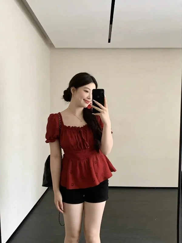 

Retro Square Collar Short Sleeve Shirt Women's plus Size Waist Cinching Design Belted Elegant Top Korean Style Commute Wind