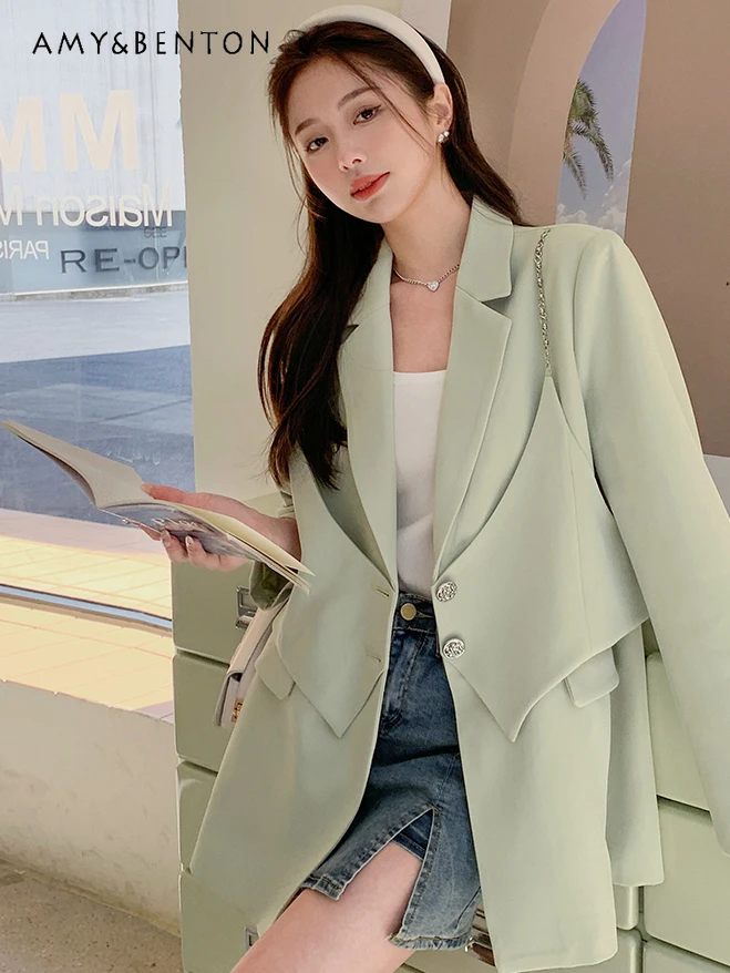 

Commute Style Fashion Green Fake Two-Piece Suit Jacket Women Spring Autumn New Korean High Sense All-Match Loose Slim Jackets