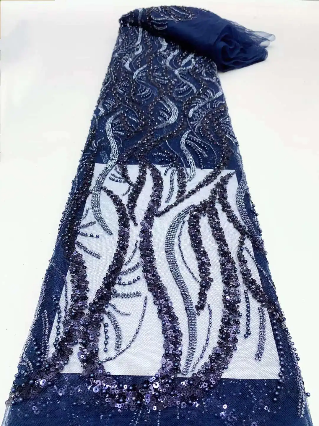 Luxurious Nigerian Sequins Lace Fabric 2024 High Quality Embroidery Beads African French Lace Fabric For Wedding Dress