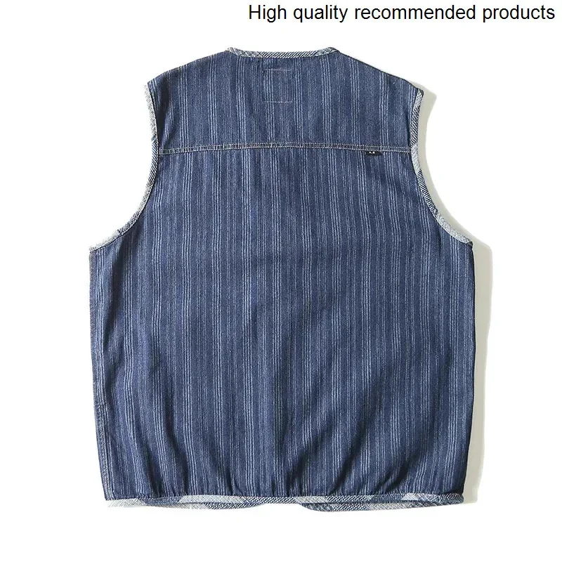

Retro Men Japanese Fashion Streetwear Loose Casual Stripe Denim Vest Sleeveless Jacket Unisex Jeans Waistcoat Cowboy Vest