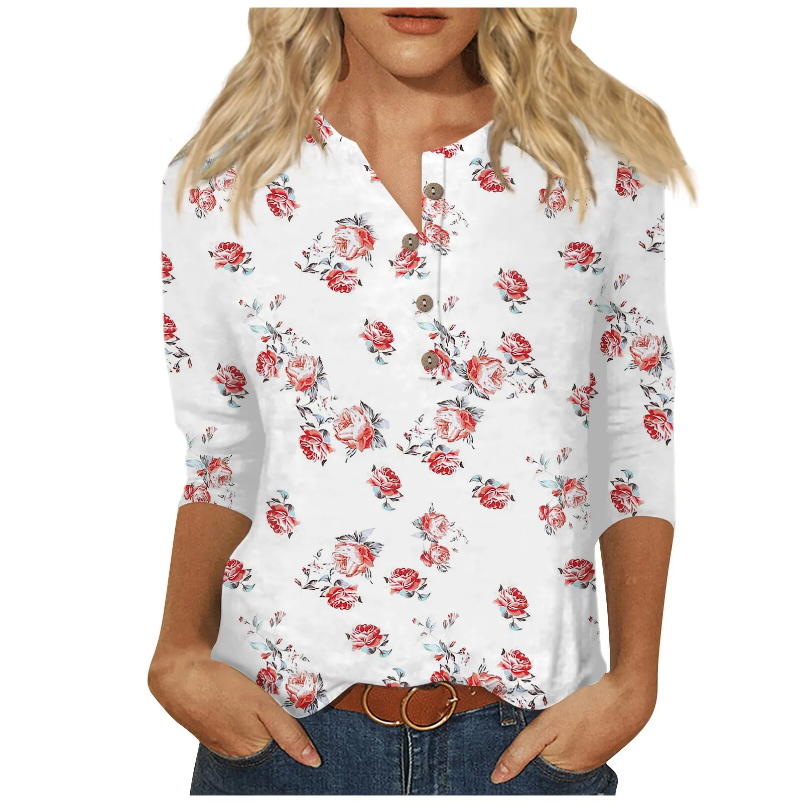 بلوزة نسائية أنيقة بطبعة زهور جميلة ، قمصان مقاس كبير للنساء ، قمم غير رسمية يومية ، كم أساسي ، قمم برقبة أزرار