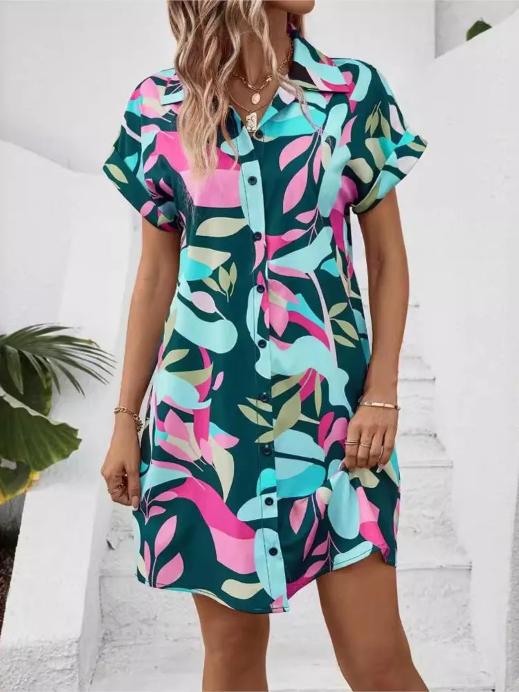 

Lady Fashion Print Dress Casual V Neck Short Sleeve Button Mini Dresses For Women Holiday Party Skirt Womens Clothing Summer New