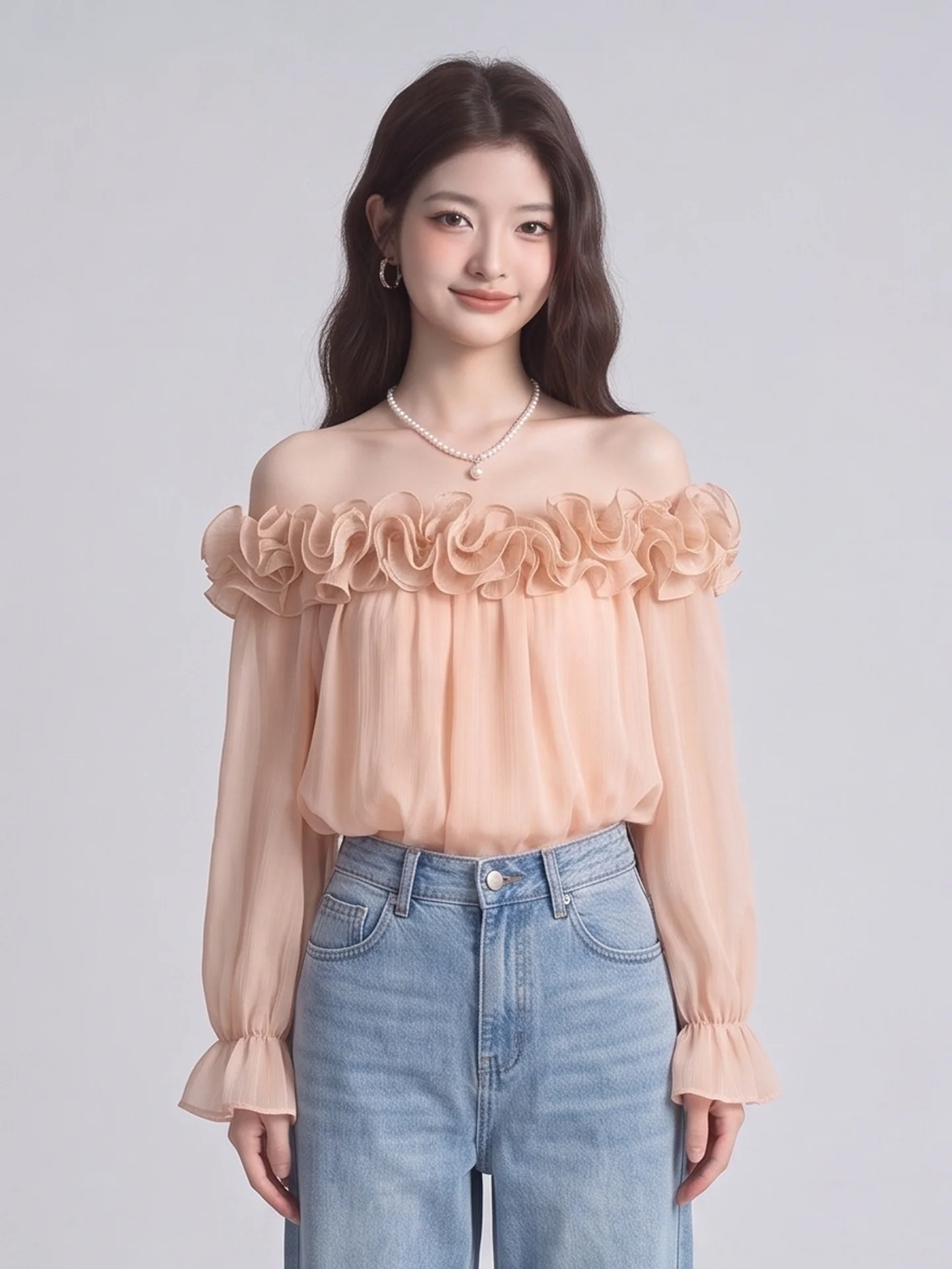 Sweet Anti-Aging 3D Flower One Shoulder Long Sleeve Women's Loose Slimming High-End Feeling Top Korean Style Commute Wind