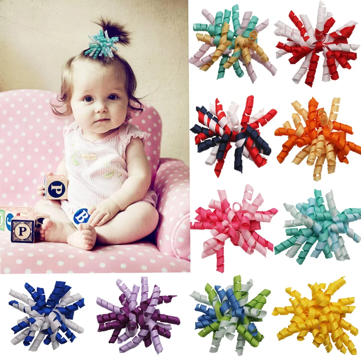 Fashion Curly Rainbow Grosgrain Ribbon Toddler Hairband Colorful Tassels Infant Headwear Hair Rope Birthday Gifts Photo Props