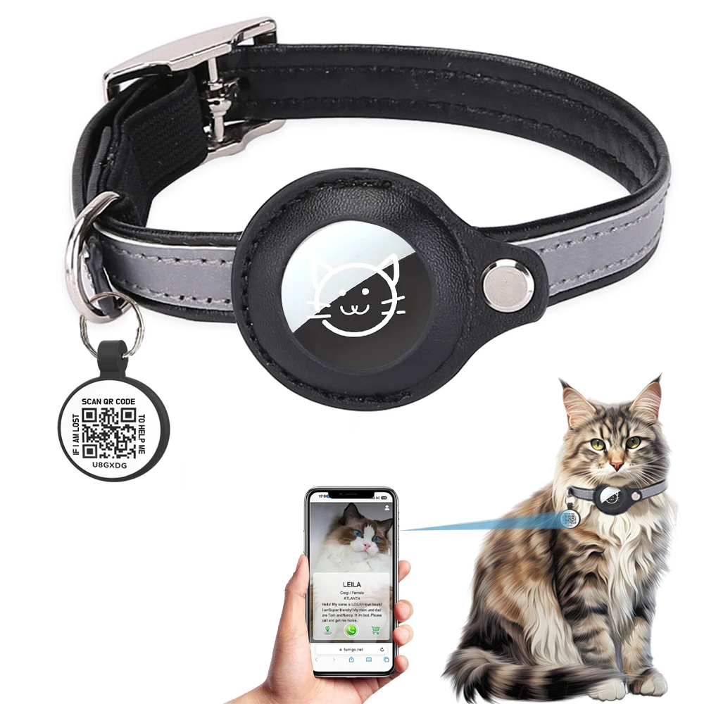 Airtag Holder Cat Collar with QR Tag, Cat Accessories Reflective PU leather Kitten Collars, Cat ID Tag, Safety Elastic bands