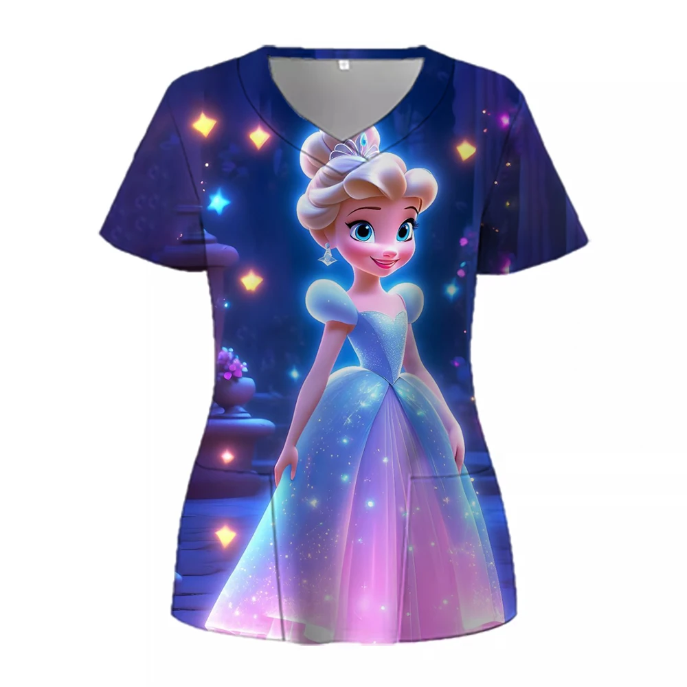 Pocket Disney Princess Women's V Neck Nurse Uniform T-Shirt Youthful Woman Clothes Summer Short Sleeve Y2k New Dress Kawaii 2024