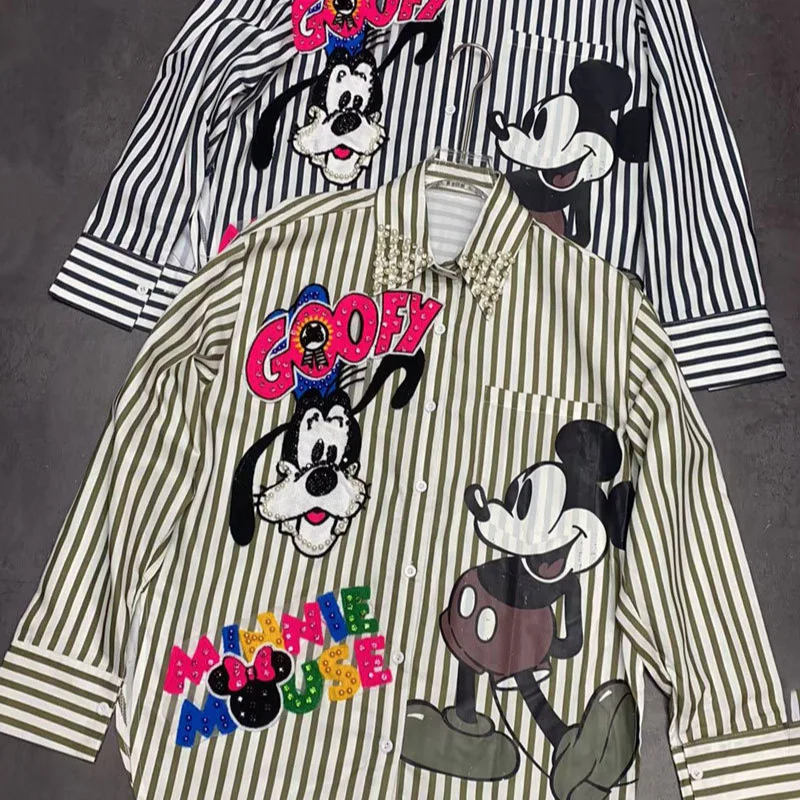 

Модные элегантные женские блузки в полоску с отложным воротником, новинка 2026, весенние кардиганы с длинными рукавами и вышивкой бисером, топы